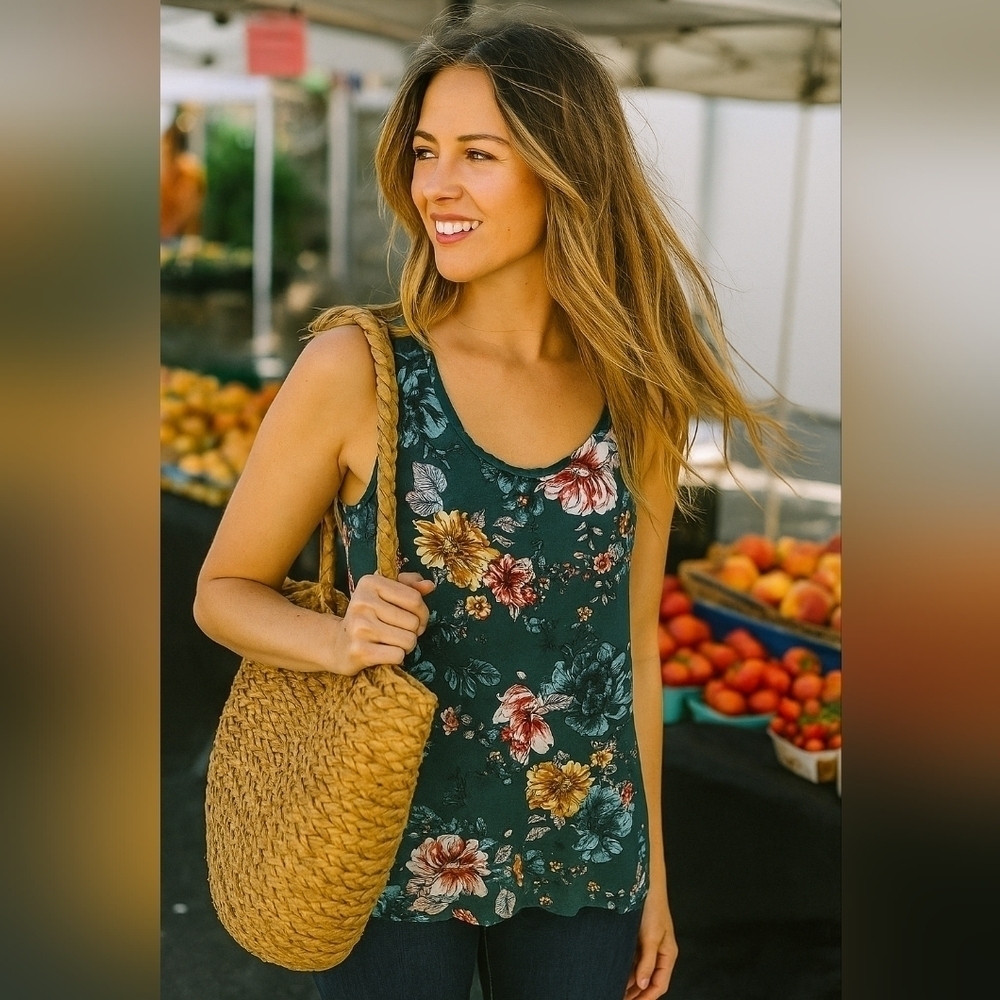 Lily Morgan Floral Teal Top  with Lace Back S